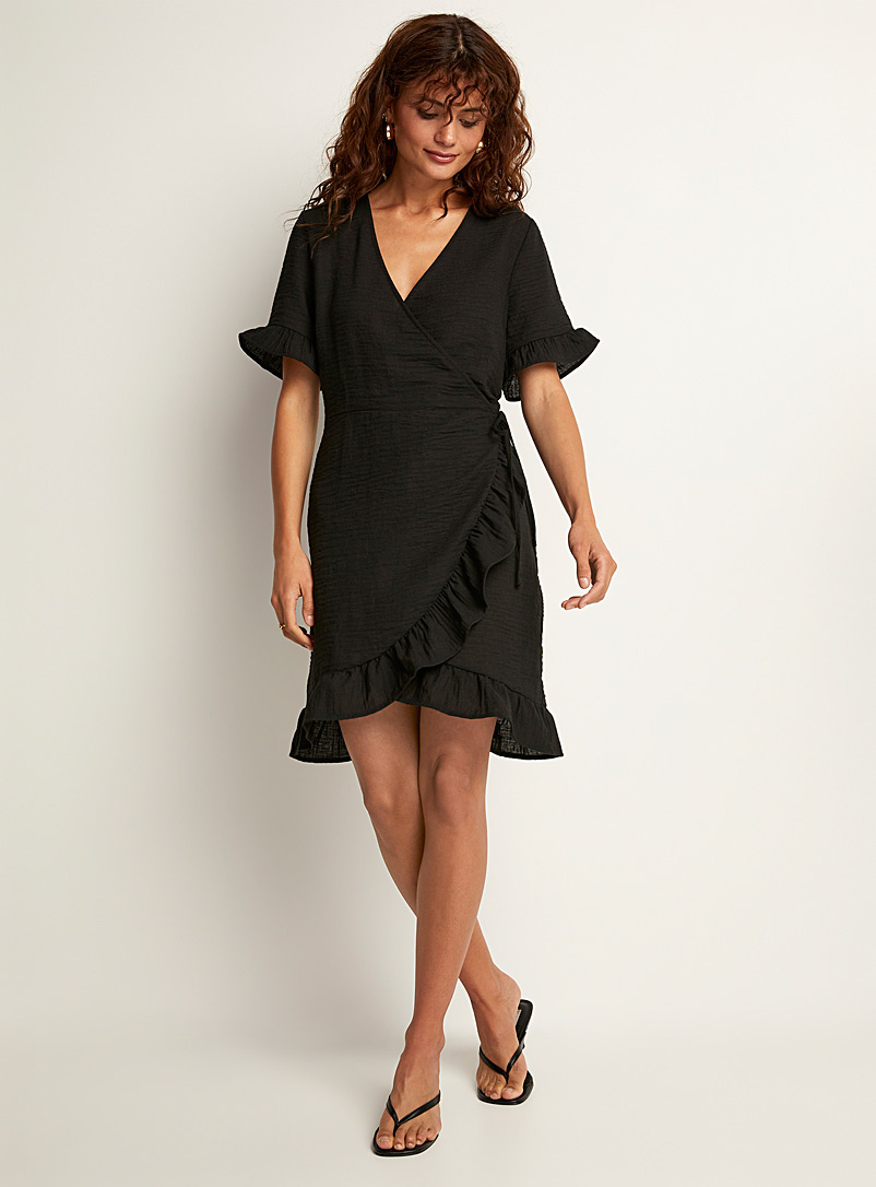 Vero Moda Black Ruffled edging wrap dress for women