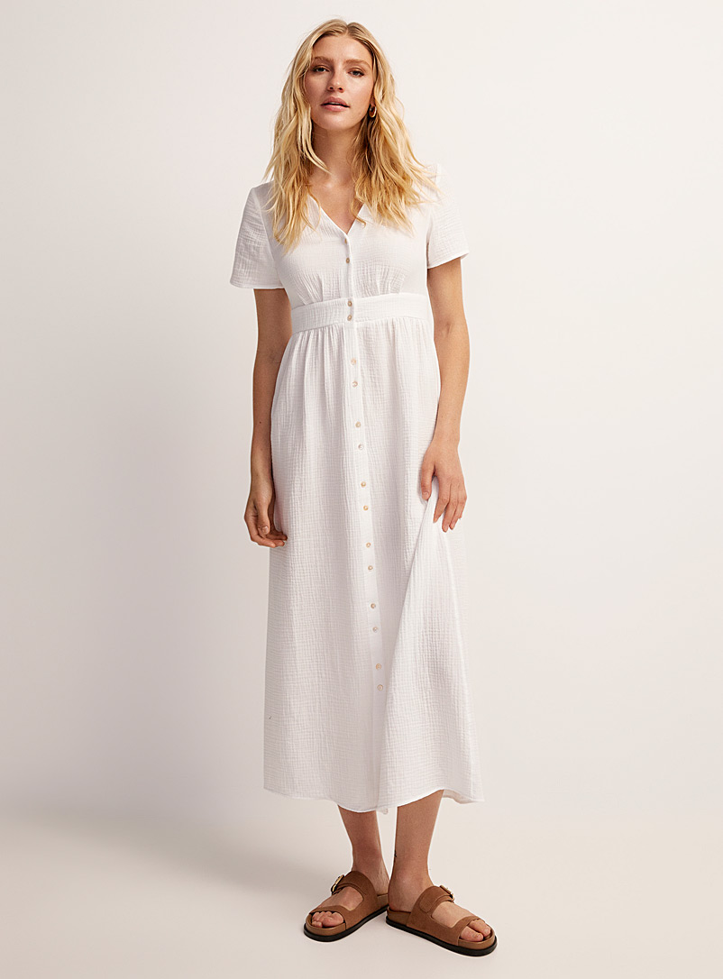 Vero Moda: La longue robe blanche boutonnée gaze de coton Blanc pour femme