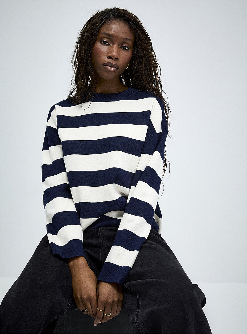 ウエア DECEMBERMAY Stripe logo highneck knit Navy stripes loose dense knit sweater | Vero Moda | Stripes