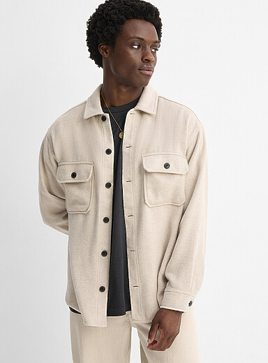 Jack & Jones Ivory/Cream Beige Soft felt overshirt for men
