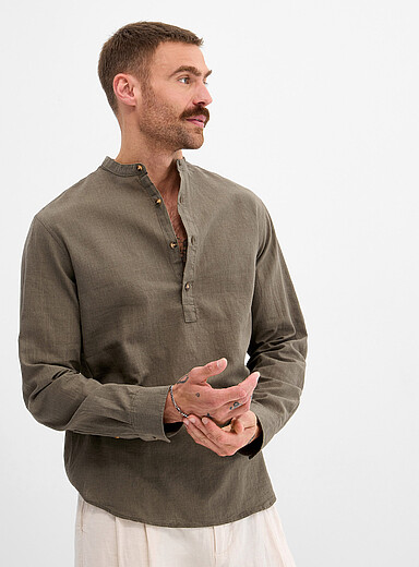 Jack & Jones Mossy Green Cotton-linen pull-on shirt for men