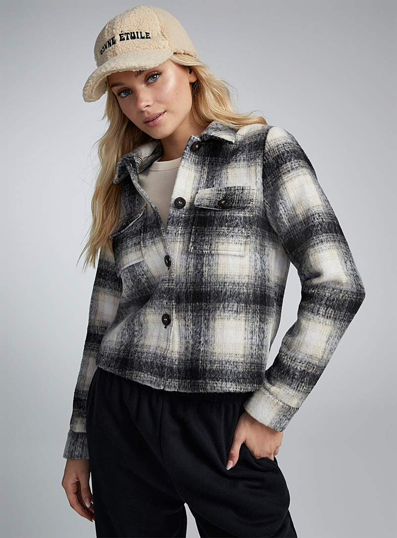 Only Patterned White Check brushed cropped overshirt for women