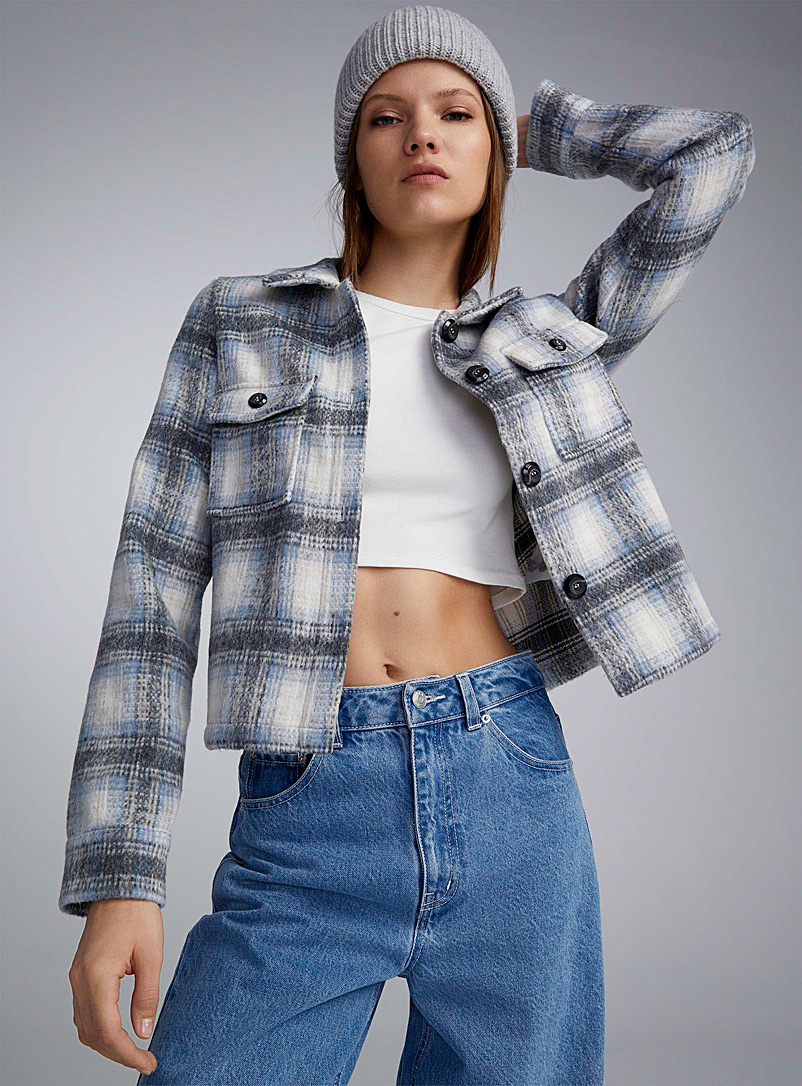 Only Patterned Blue Check brushed cropped overshirt for women