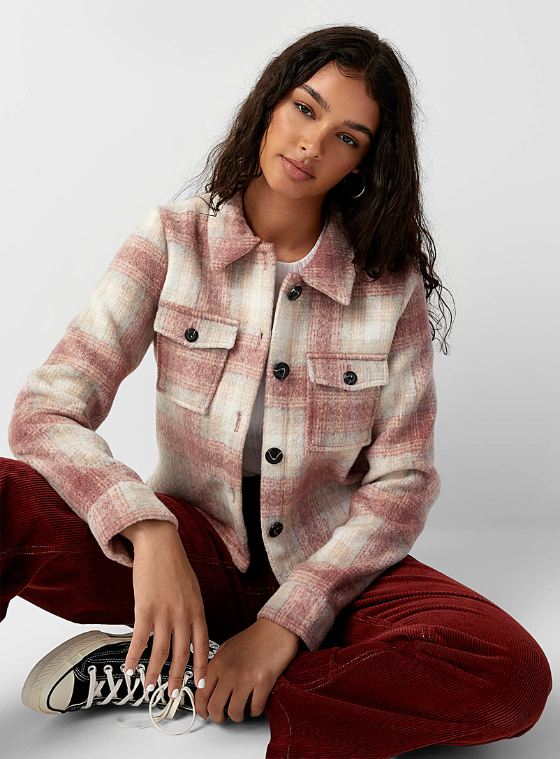 Only Dusky Pink Check brushed cropped overshirt for women