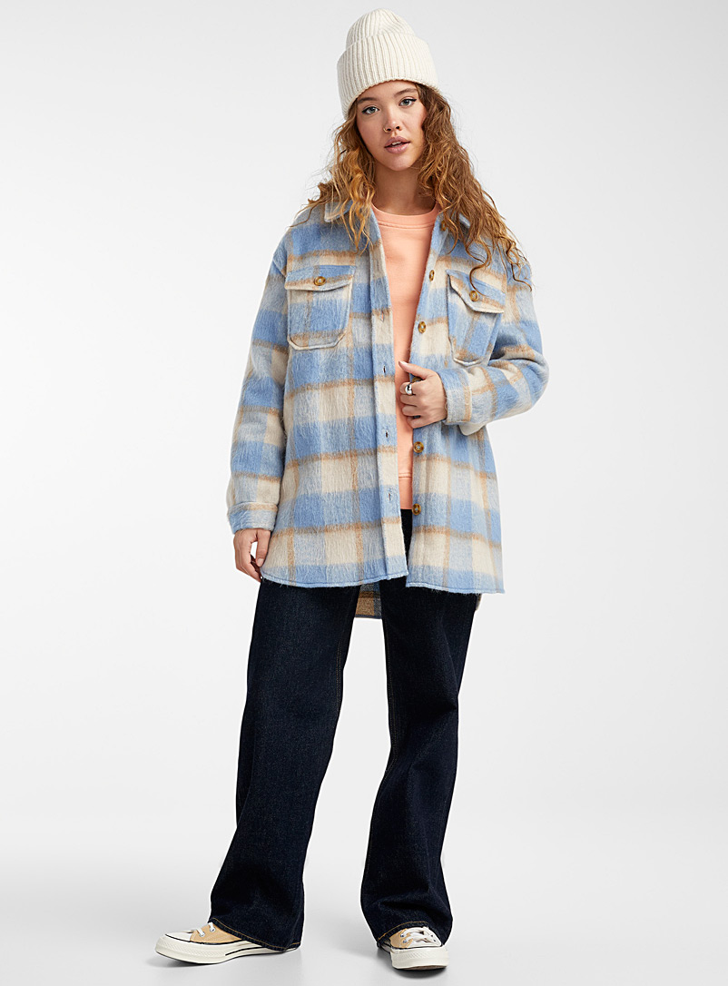 Only Patterned Blue Brushed checkered overshirt for women