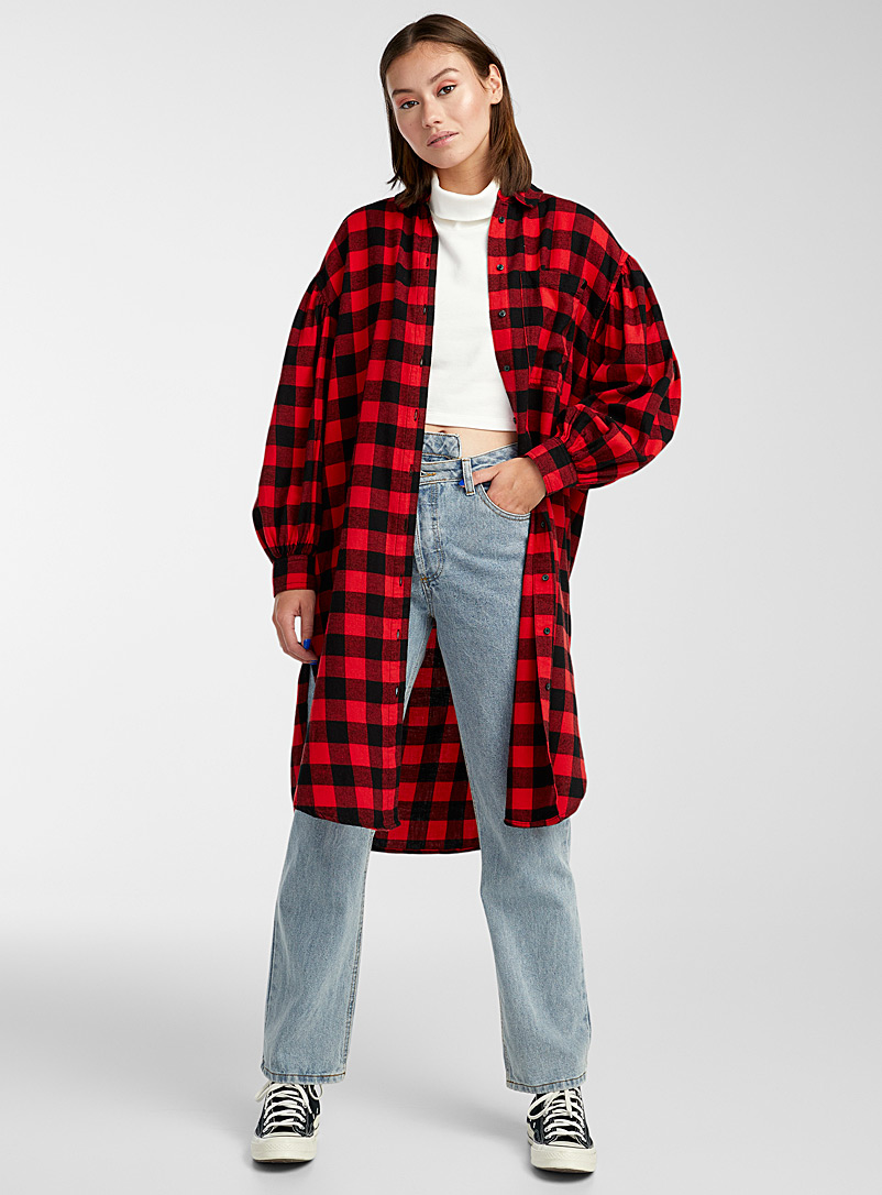 Only Patterned Red Long check flannel shirt for women