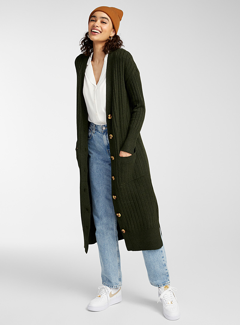 Only Mossy Green Buttoned ribbed maxi cardigan for women