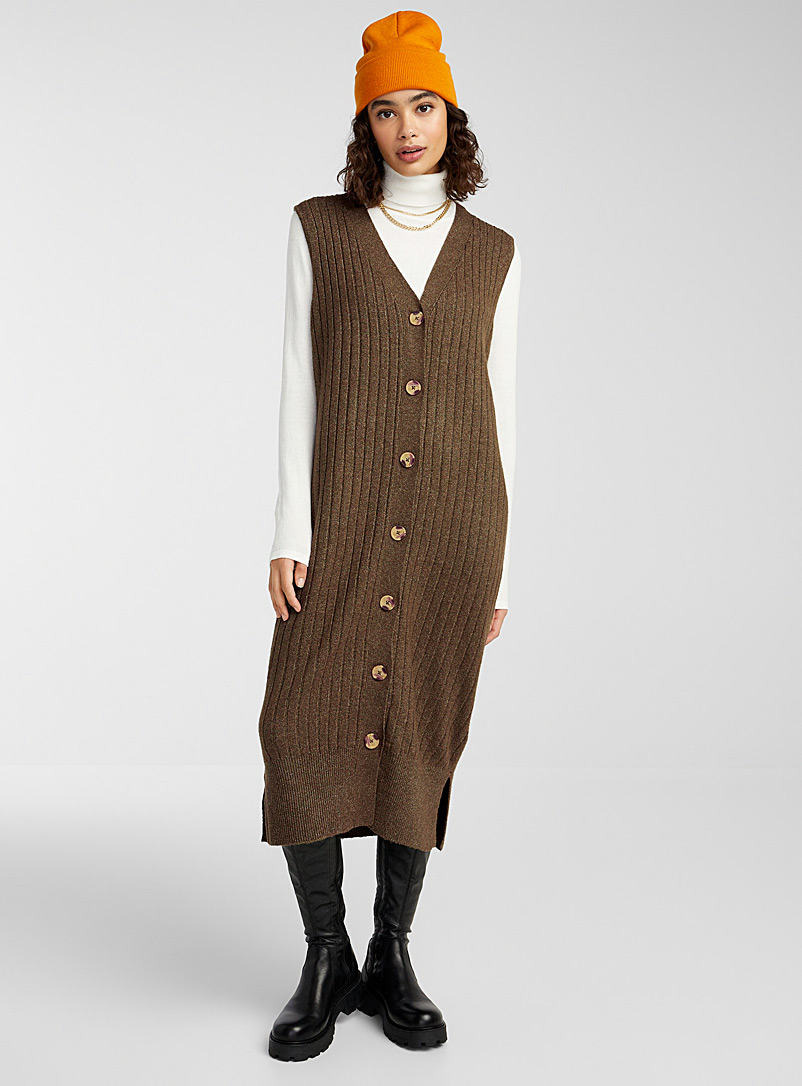 Only Khaki Buttoned sleeveless ribbed maxi cardigan for women