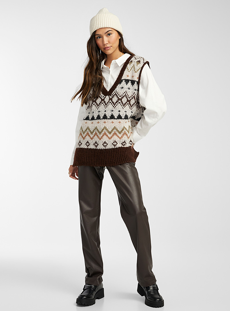 Only Patterned Brown Loose vintage jacquard sweater vest for women