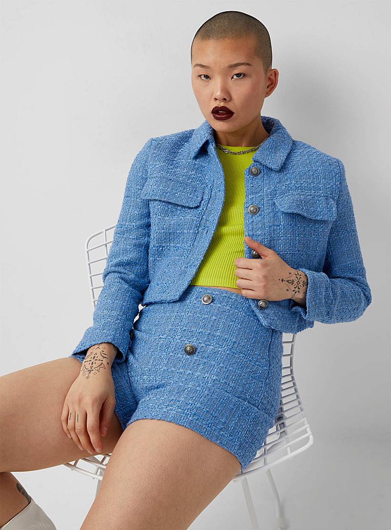 Only Slate Blue Crest buttons tweed cropped blazer for women