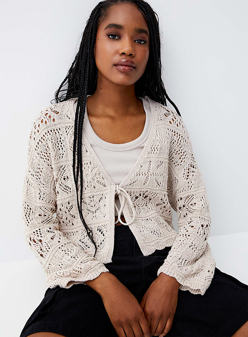 Only Off White Tie-up openwork cardigan for women