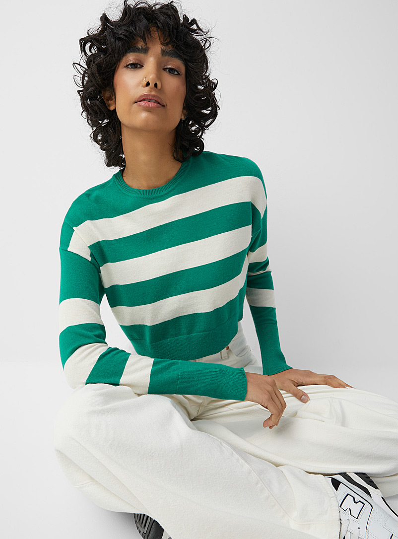 Only Patterned Green Broad stripes boxy-fit cropped sweater for women