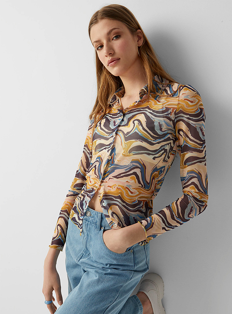 Neon & Nylon: La chemise filet remous neutre Jaune à motifs pour femme