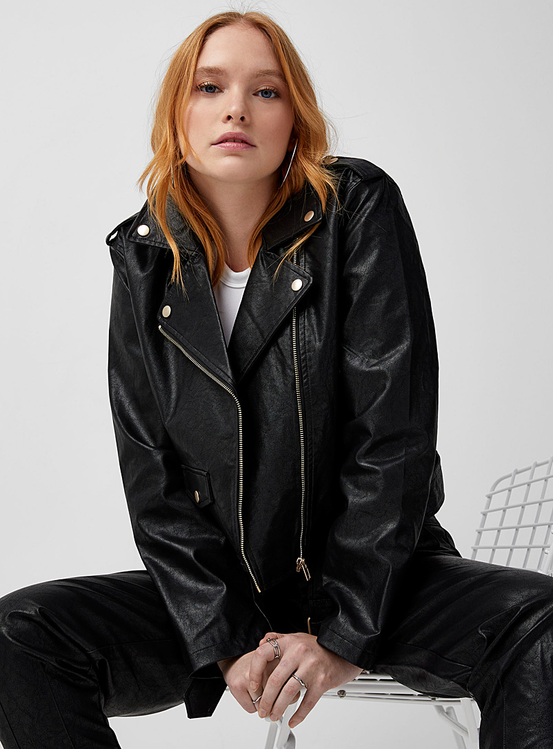 Only Black Faux-leather cropped biker jacket for women