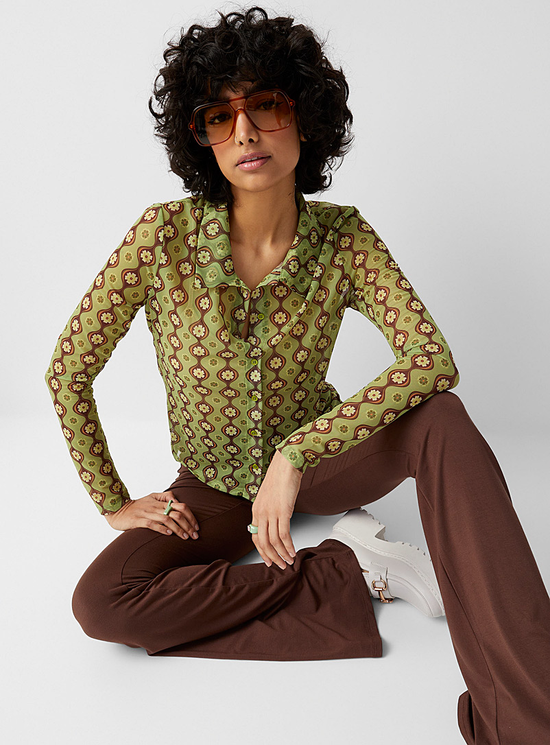 Neon & Nylon Patterned Green Retro flowers mesh shirt for women