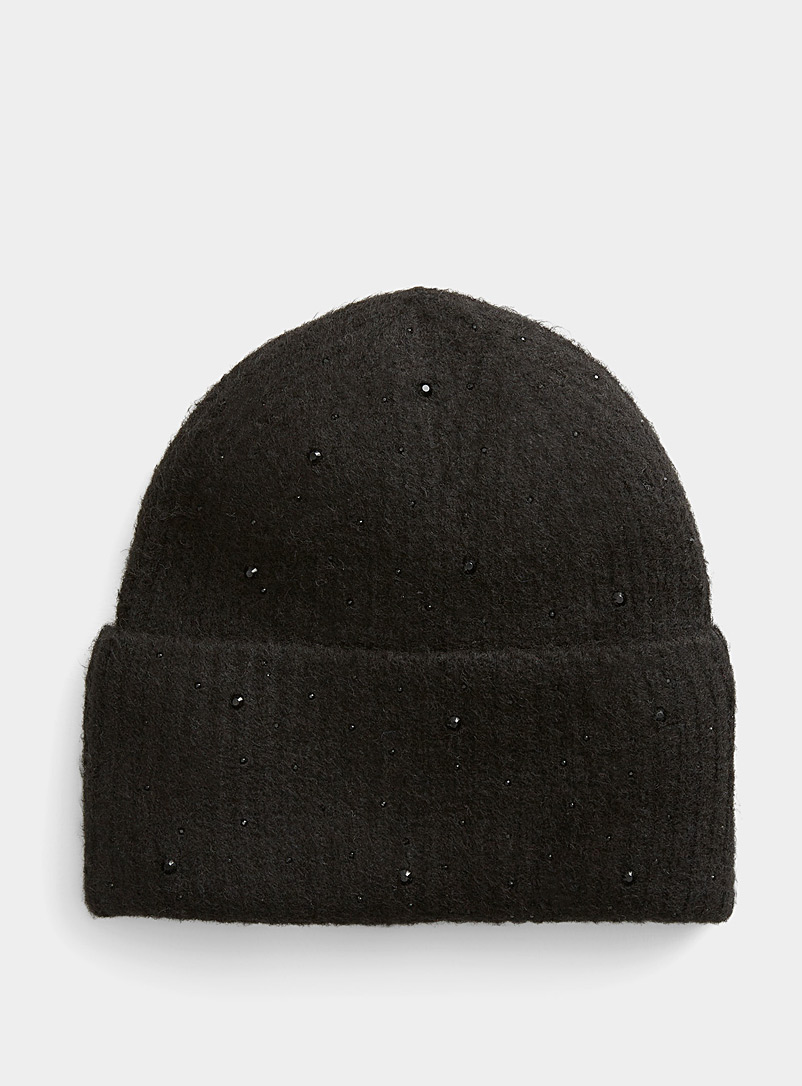 Only Black Shimmery crystals cuffed tuque for women
