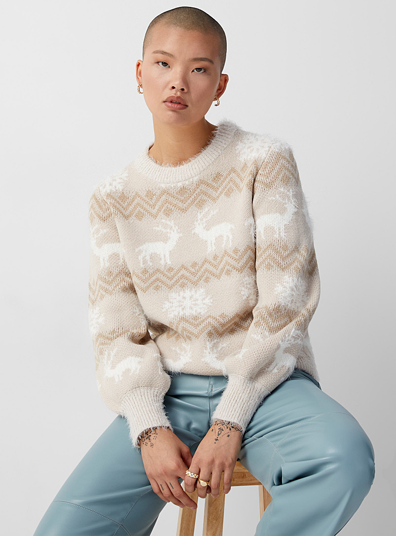 Only Patterned White White reindeer sweater for women