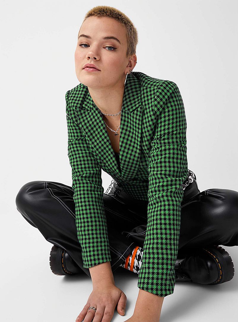Only Patterned Green Mini-checks cropped blazer for women
