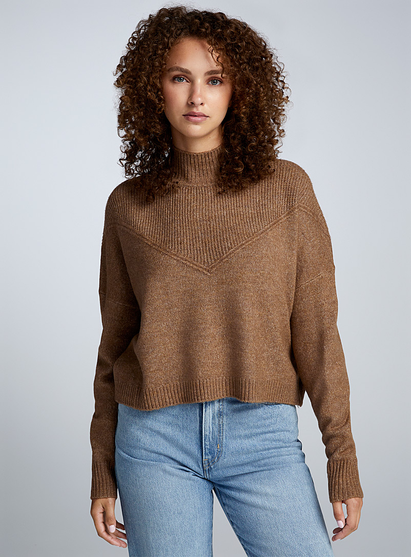 Only Light Brown V detail mock-neck sweater for women