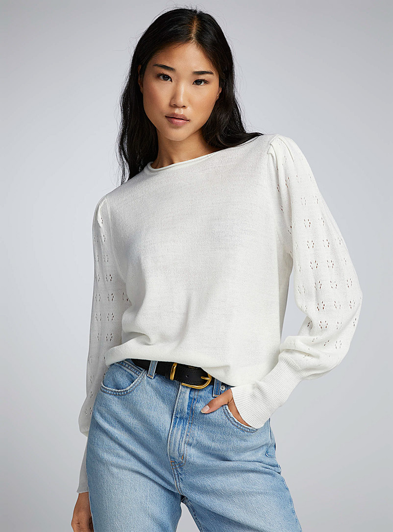 Only Ivory White Pointelle-sleeve sweater for women
