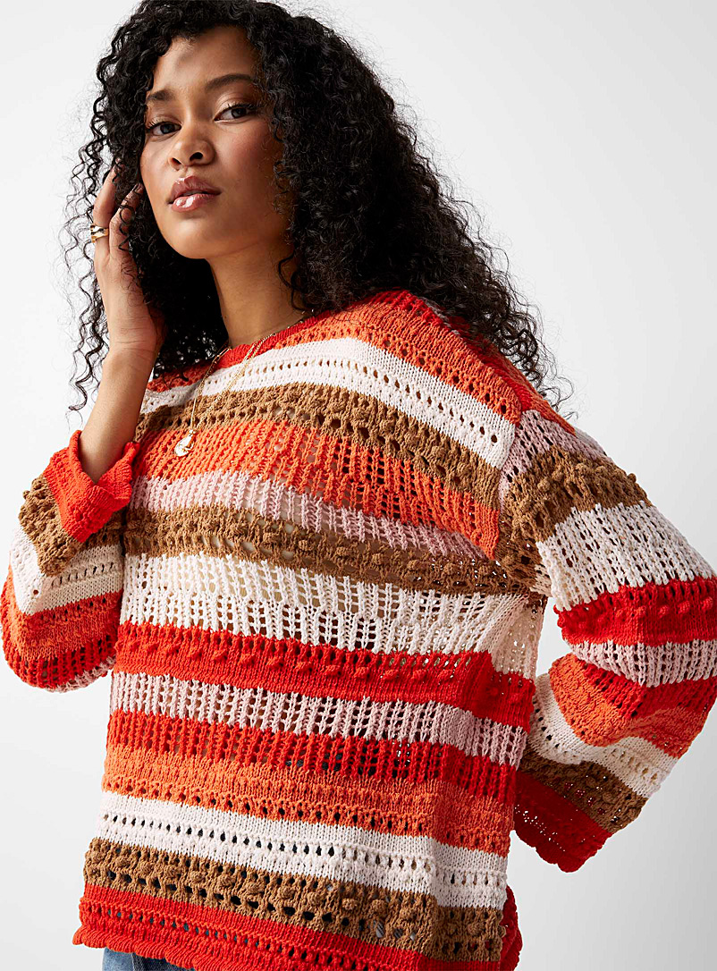 Only: Le pull tricot crochet rayures horizon Orange à motifs pour femme