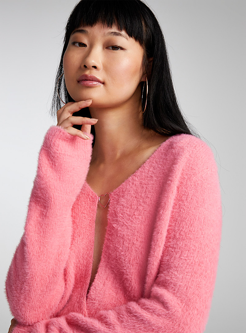 Only Pink Heart pin fuzzy cardigan for women