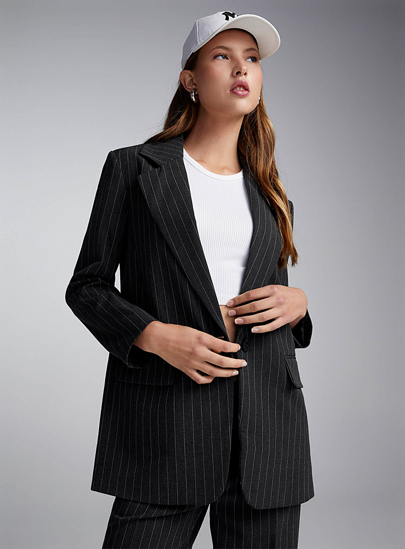Only Patterned Grey Pinstriped single-button blazer for women