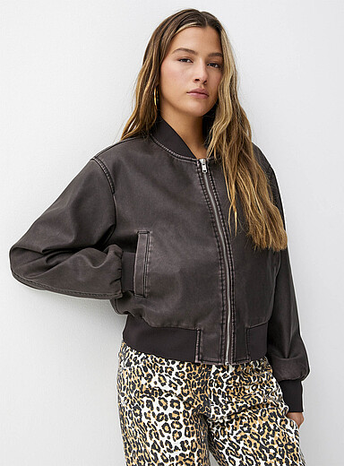 Bershka cropped faux leather motocross jacket co-ord in black