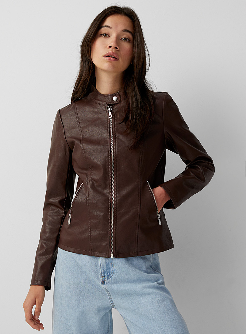 Only Dark Brown Melissa faux-leather biker jacket for women
