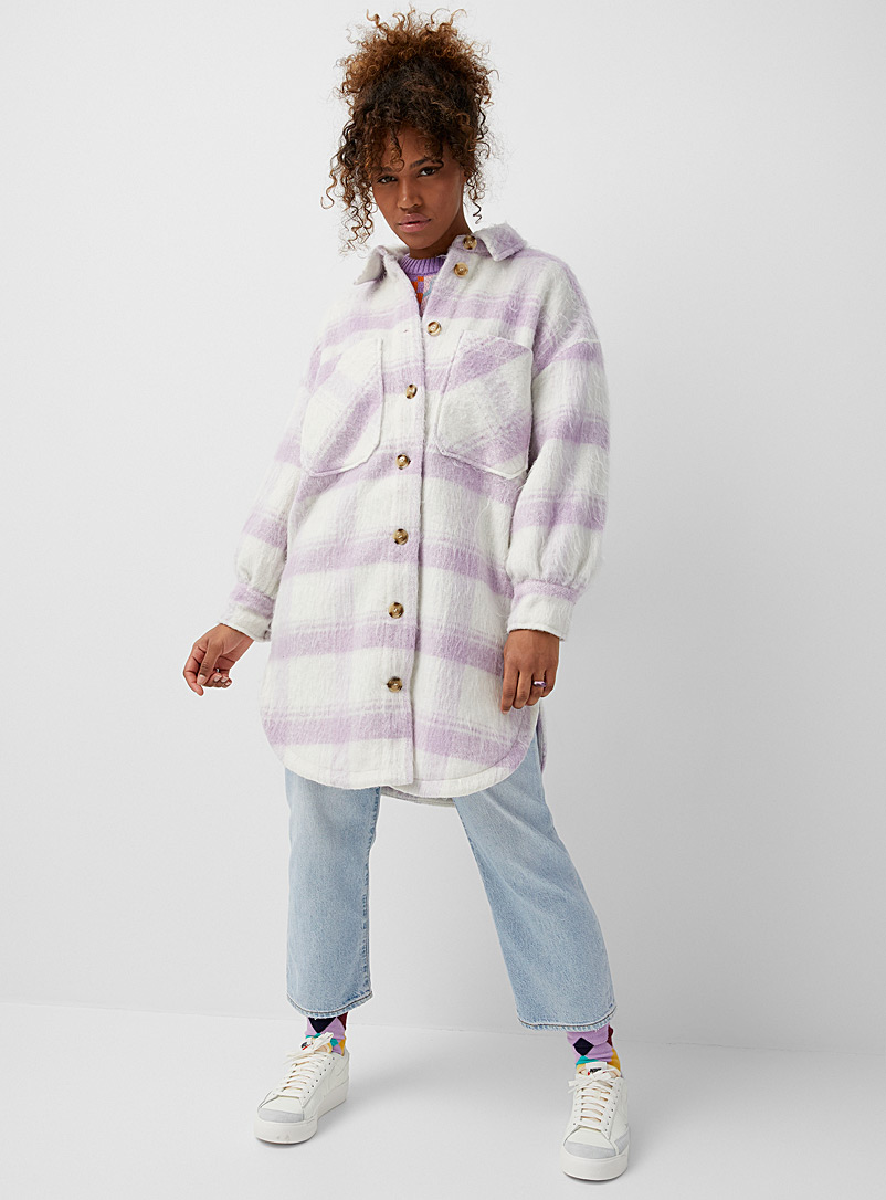Only Patterned Ecru Lilac checkered long overshirt for women