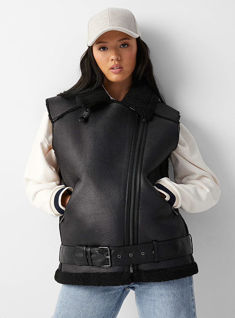 Only Black Sherpa edging sleeveless aviator jacket for women