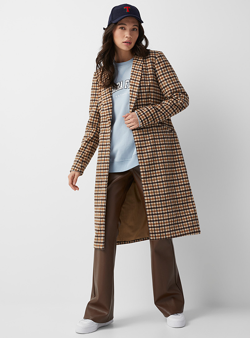 Only Patterned Brown Brown checkers overcoat for women
