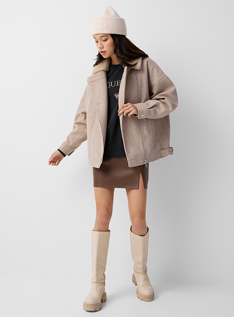 Only Cream Beige Sherpa collar felted jacket for women