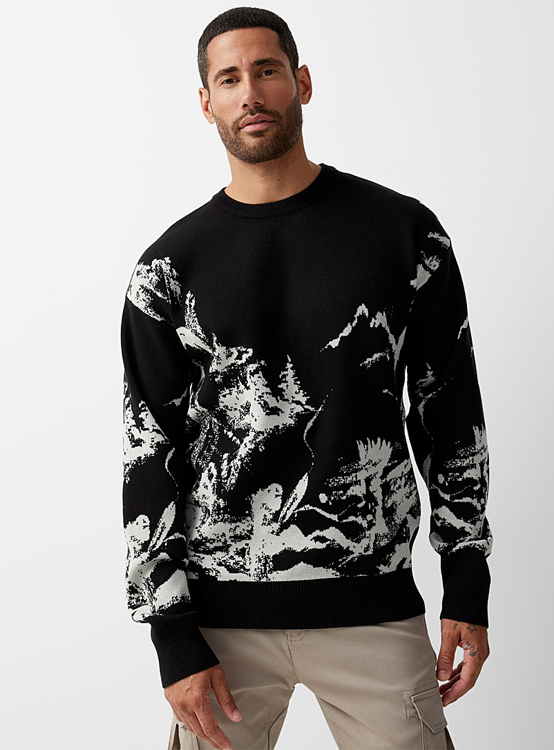 Jack & Jones Patterned Black Abstract panorama jacquard sweater for men
