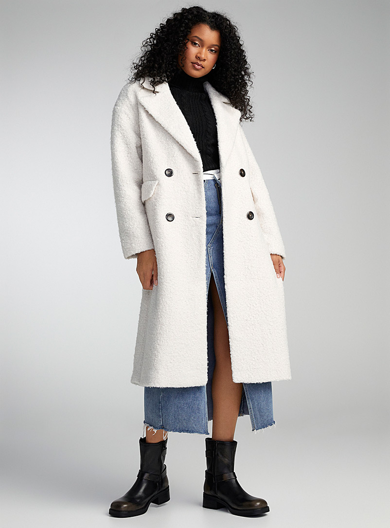Only Ivory White Long double-breasted bouclé coat for women
