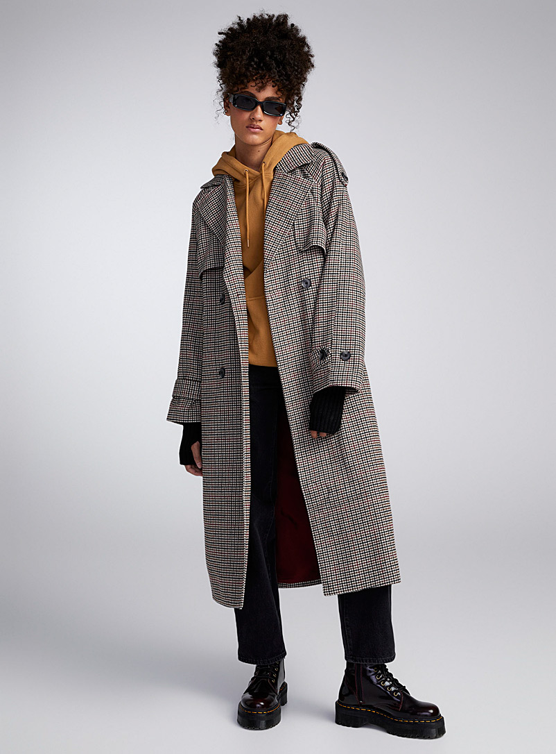 Only Patterned Brown Long checked felted coat for women