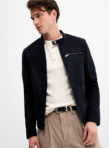 Jack & Jones Black Faux-suede biker jacket for men