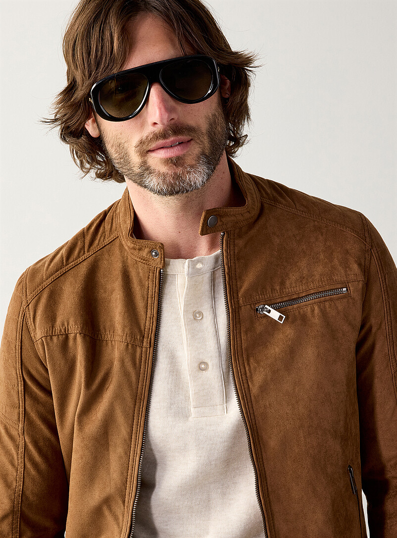 Jack & Jones: La veste moto effet su&egrave;de Fauve - Tabac pour homme