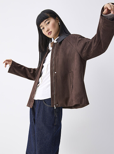 Contrasting collar faux-suede jacket