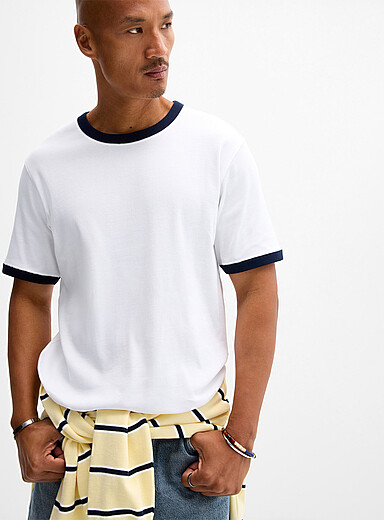 Jack & Jones Navy/Midnight Blue Contrast-edging ribbed T-shirt for men