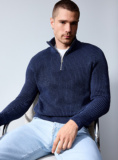 Jack & Jones: Le chandail c&ocirc;tel&eacute; bicolore Bleu &agrave; motifs pour homme