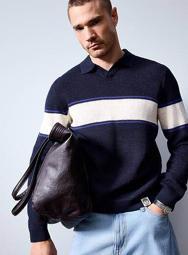 Jack & Jones: Le polo tricot textur&eacute; bloc couleur Bleu &agrave; motifs pour homme