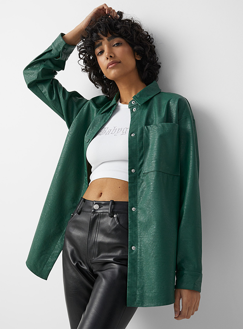Only Bottle Green Grained faux-leather overshirt for women