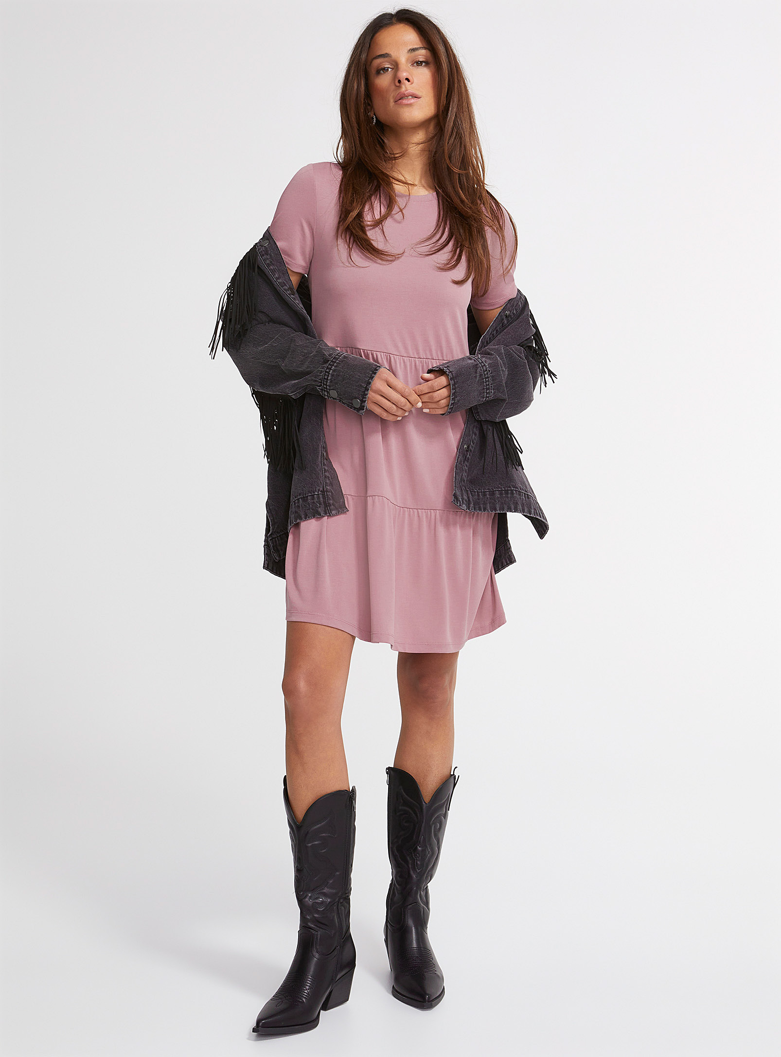Vero Moda Crew-neck Tiered Dress In Dusky Pink
