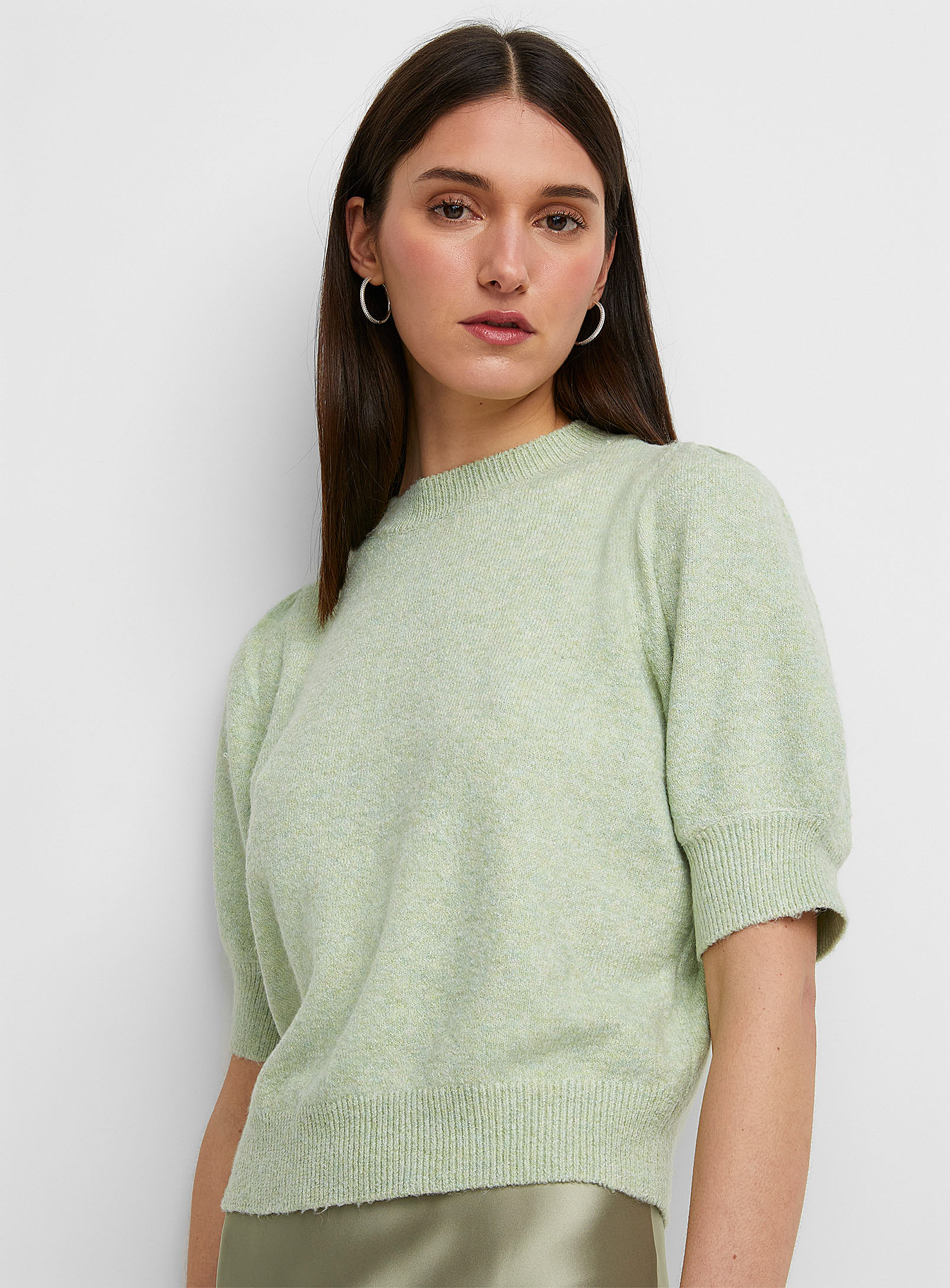Vero Moda Elbow-length Puff Sleeves Heathered Sweater In Lime Green