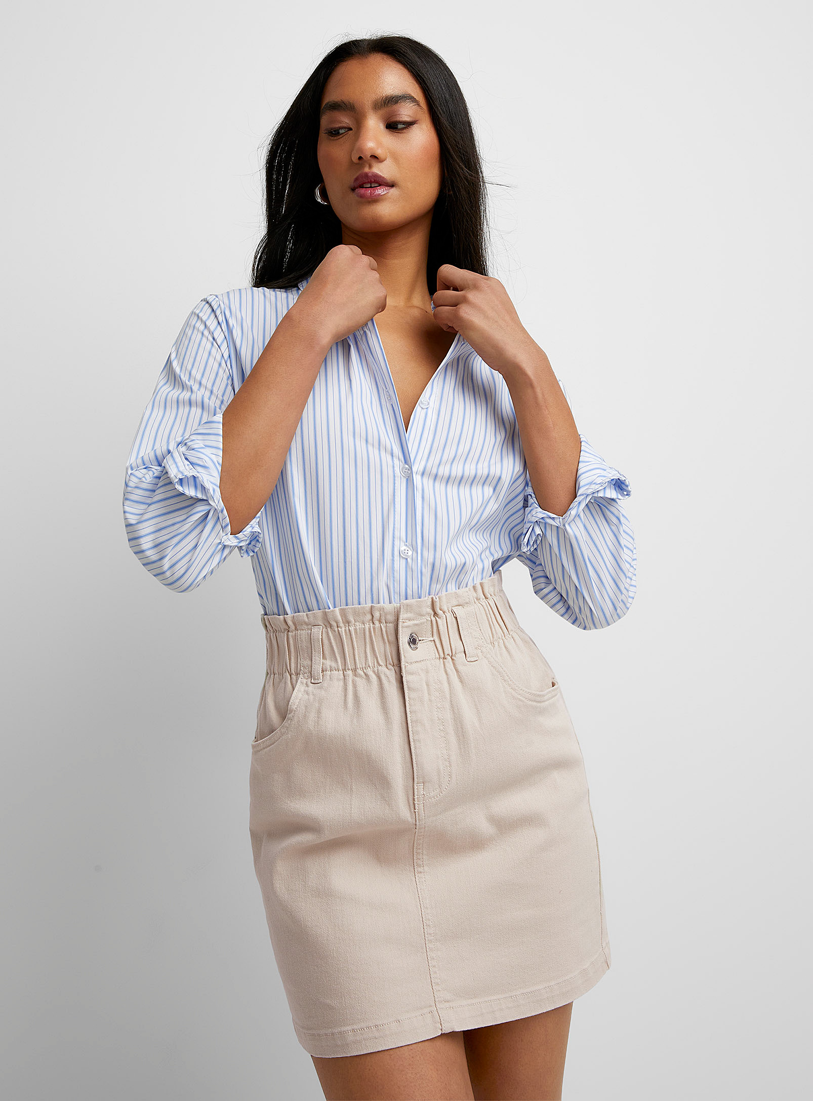 Vero Moda Denim Paper Bag Miniskirt In Ecru/linen