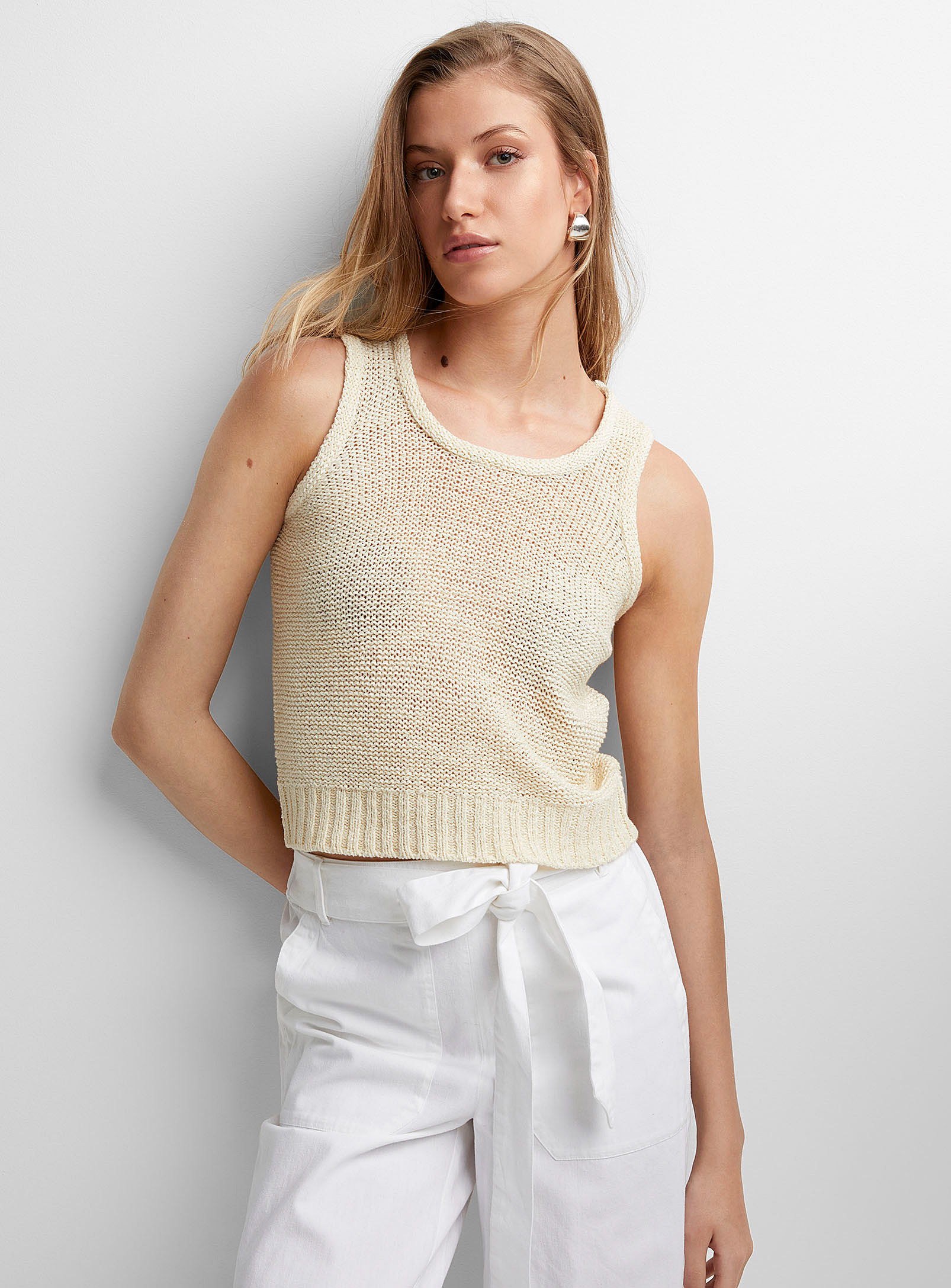 Vero Moda Ribbon-knit Cropped Cami In Ivory White