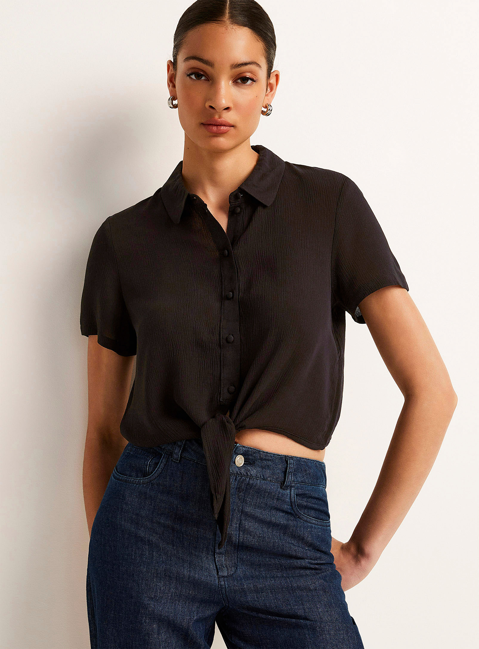 Vero Moda Wrinkled Texture Tie Cropped Blouse In Black