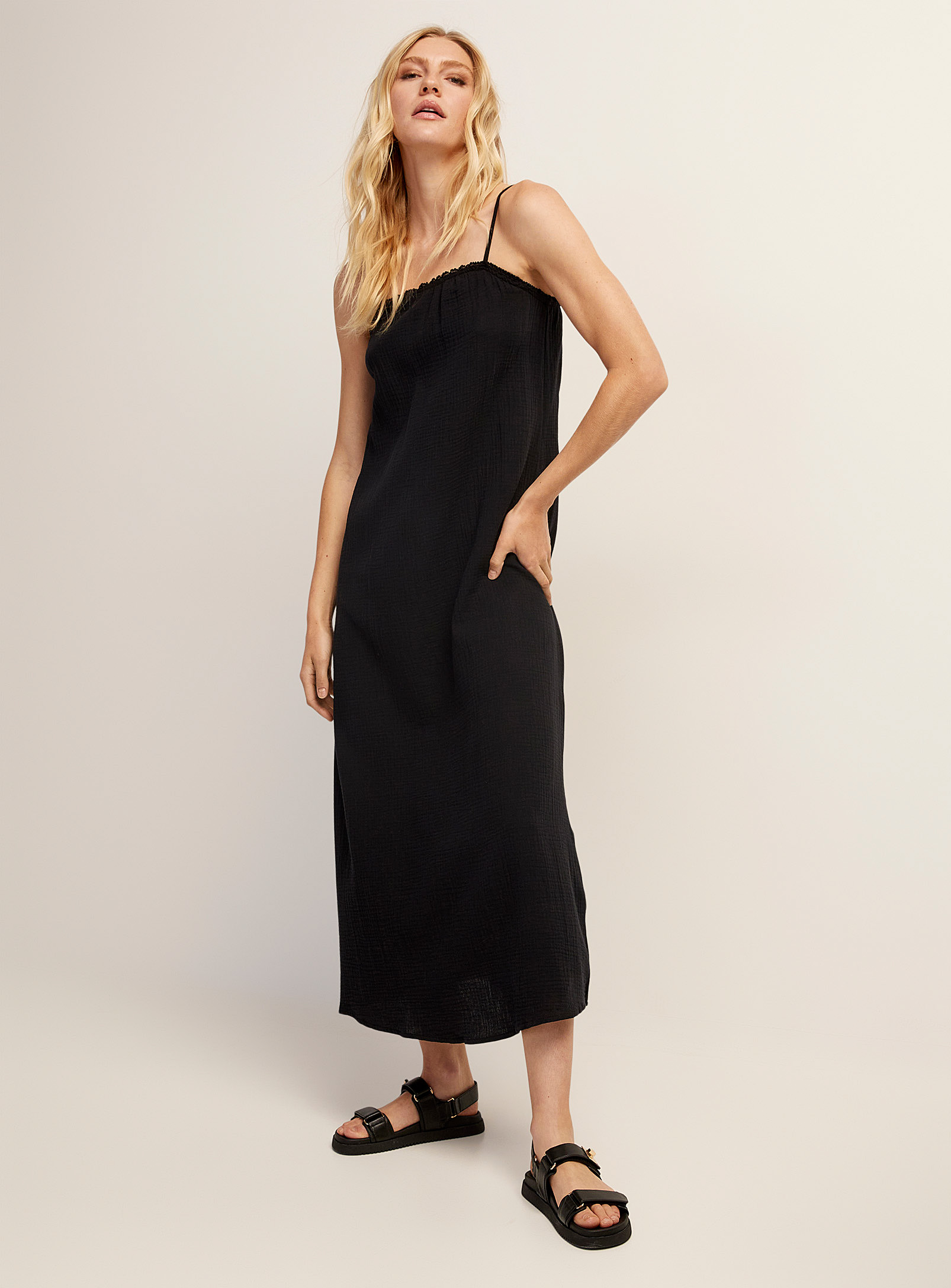 Vero Moda Cotton Gauze Thin Straps Maxi Dress In Black