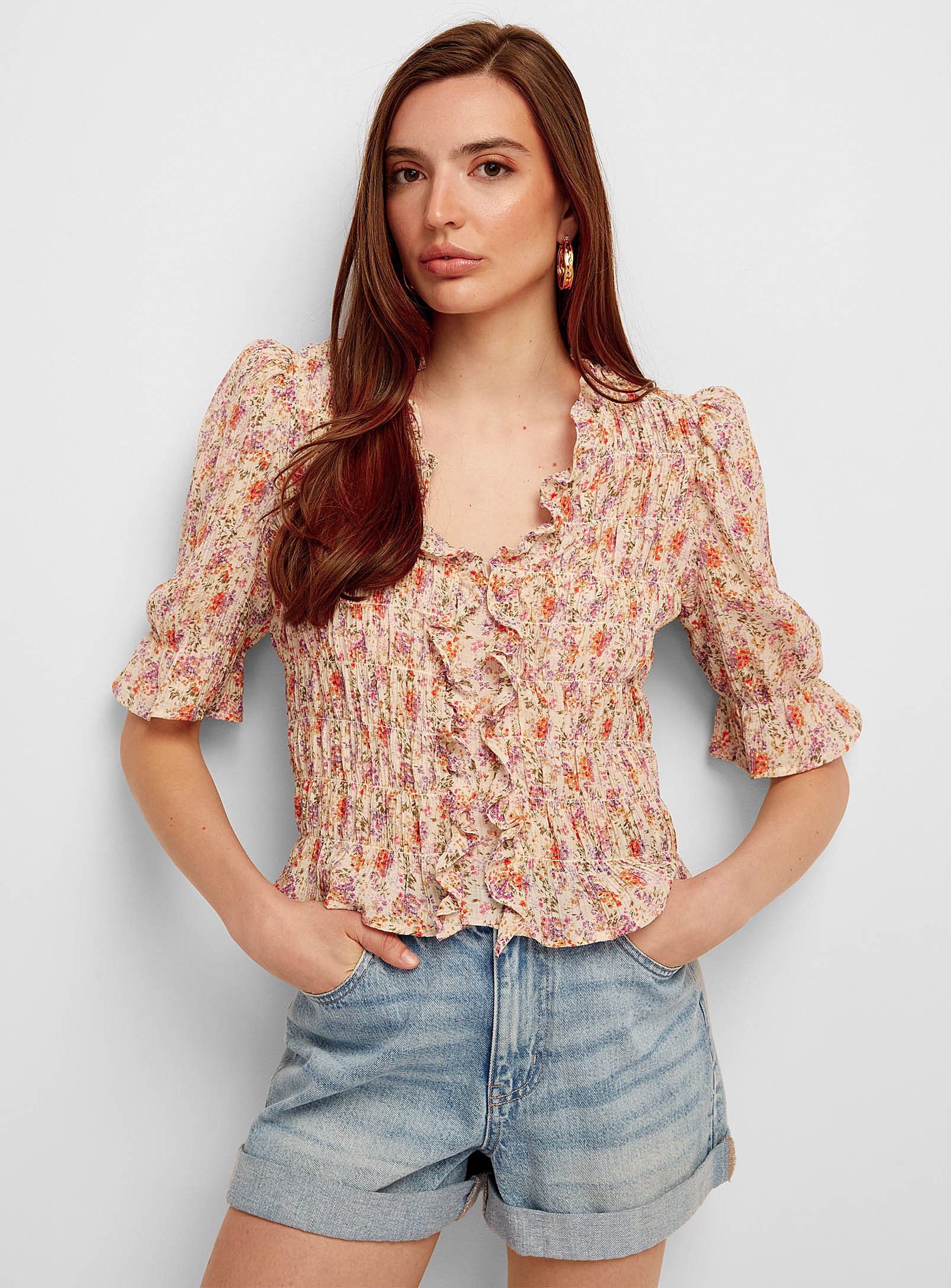 Vero Moda - Women's Elbow-sleeve mini-flowers crinkled blouse